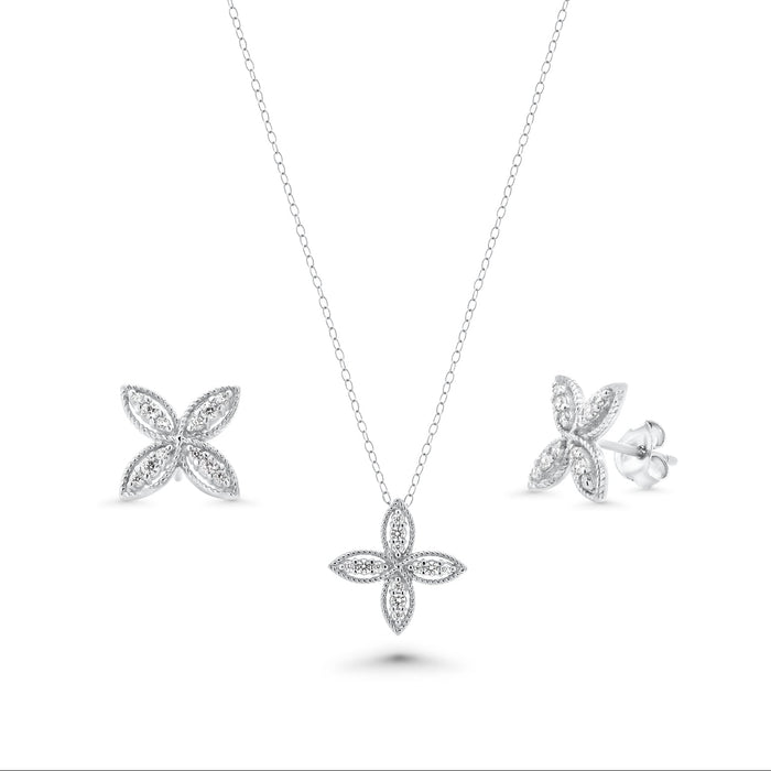 Rhodium Plated 925 Sterling Silver Four Petal Flower Necklace and Earrings Set - BGS00550