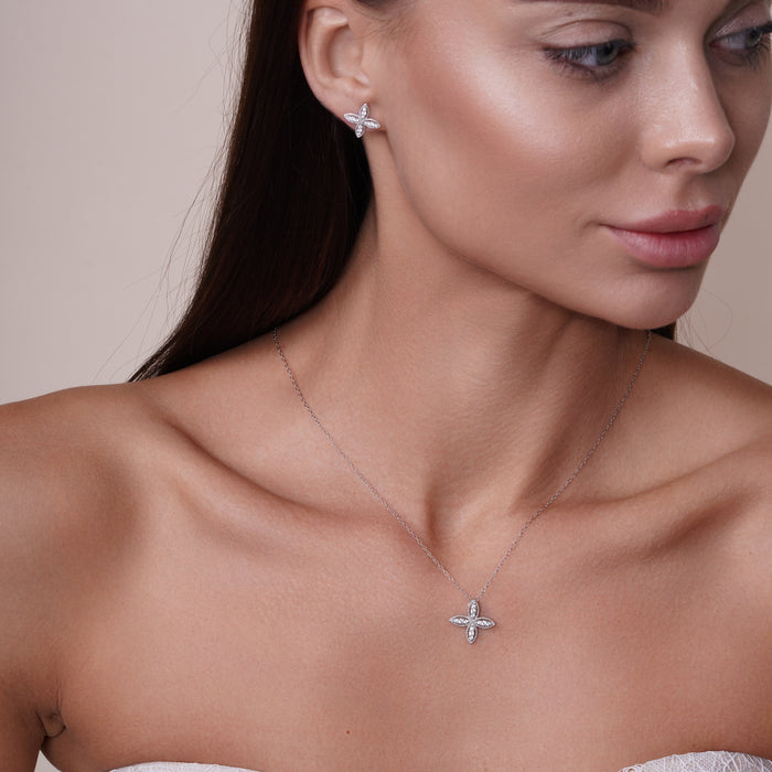 Rhodium Plated 925 Sterling Silver Four Petal Flower Necklace and Earrings Set - BGS00550