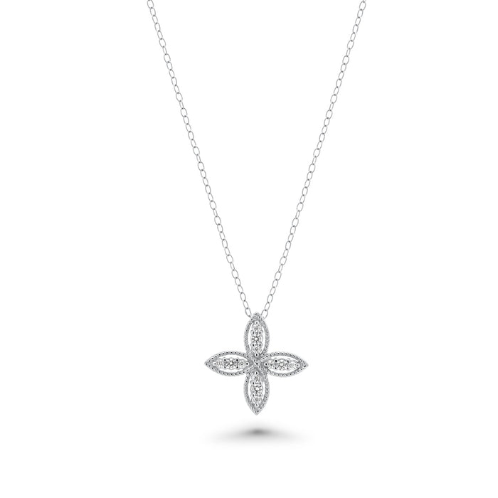 Rhodium Plated 925 Sterling Silver Four Petal Flower Necklace and Earrings Set - BGS00550