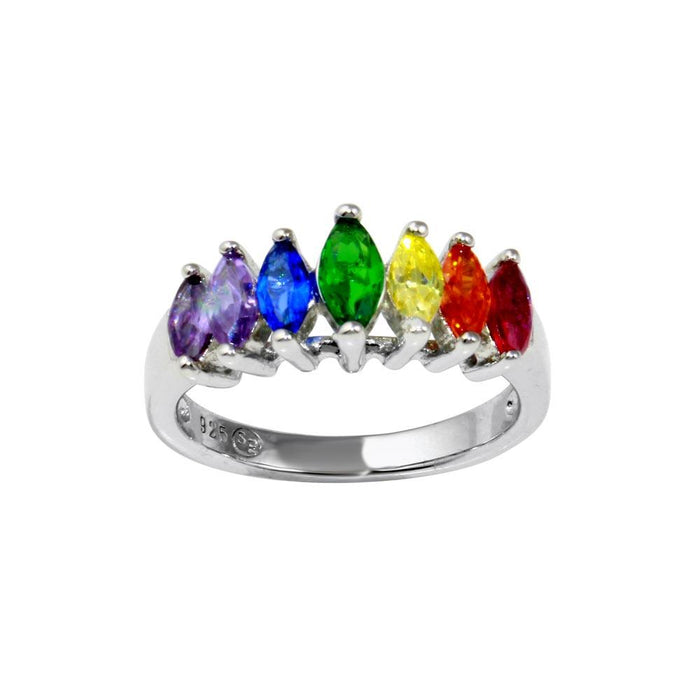 Rhodium Plated 925 Sterling Silver Graduated Multicolor Marquise CZ Ring - BGR01353