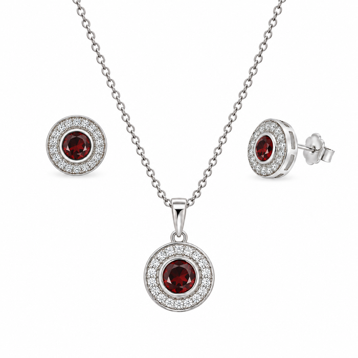 Rhodium Plated 925 Sterling Silver Halo CZ Birthstone Earring & Pendant Sets - BGS00481