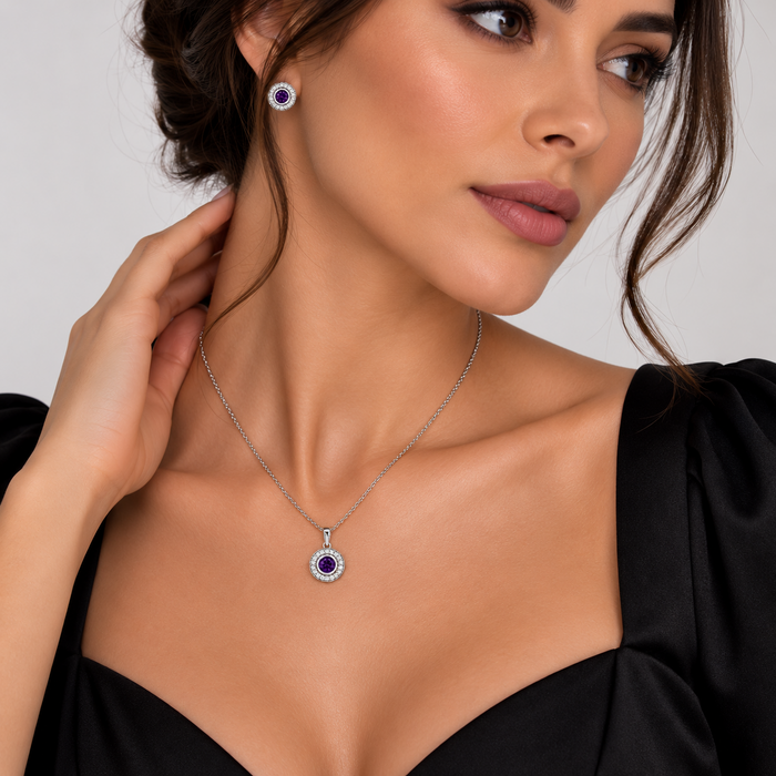 Rhodium Plated 925 Sterling Silver Halo CZ Birthstone Earring & Pendant Sets - BGS00481