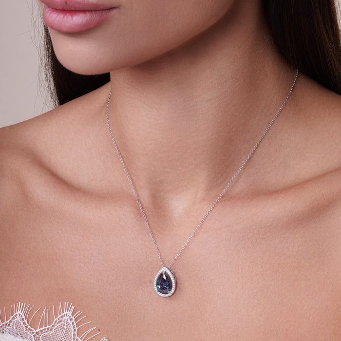 Rhodium Plated 925 Sterling Silver Halo Teardrop Synthetic Mystic Topaz CZ Set - BGS00580