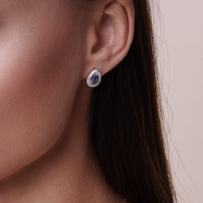 Rhodium Plated 925 Sterling Silver Halo Teardrop Synthetic Mystic Topaz CZ Set - BGS00580