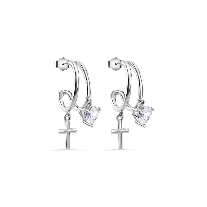 Rhodium Plated 925 Sterling Silver Heart and Cross Hoop Earring - STE01384