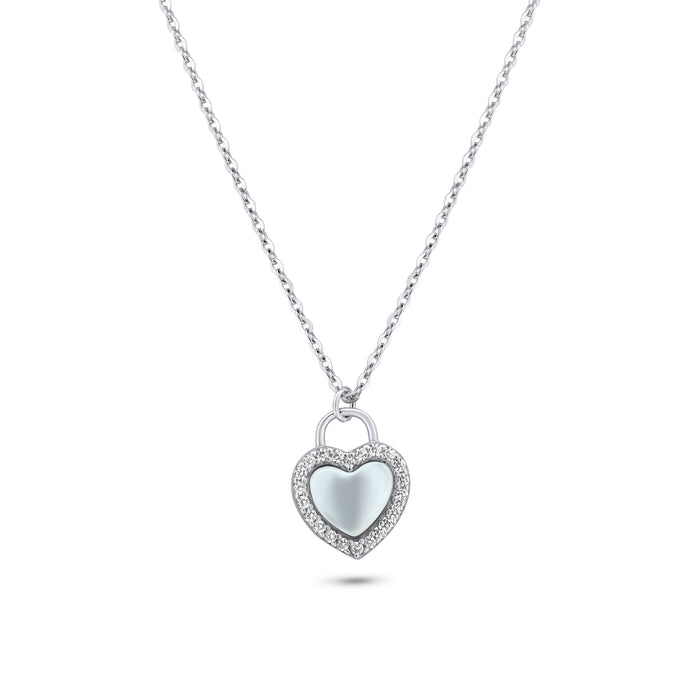 Rhodium Plated 925 Sterling Silver Heart CZ Mother of Pearl Necklace - GMN00203