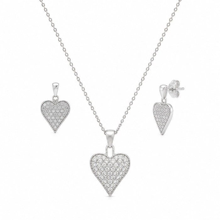 Silver 925 Rhodium Plated Heart CZ Stud Earring and Necklace Set - STS00164 | Silver Palace Inc.