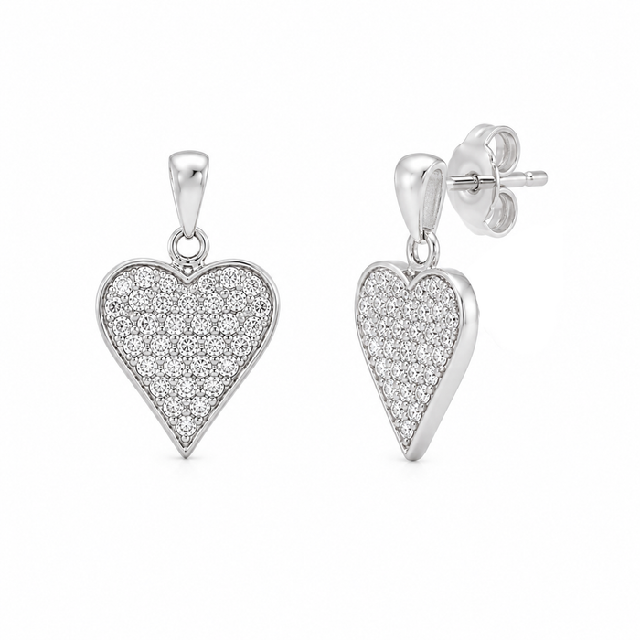 Silver 925 Rhodium Plated Heart CZ Stud Earring and Necklace Set - STS00164 | Silver Palace Inc.