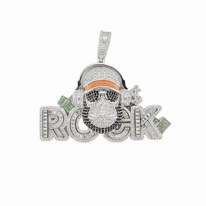 Rhodium Plated 925 Sterling Silver Hip-Hop Rock Monkey Ape Enamel Green and Clear CZ Pendant - SLP00377
