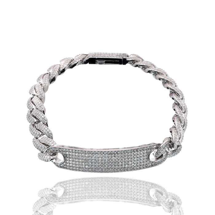 Rhodium Plated 925 Sterling Silver Iced Out Cuban Link ID 10.6mm Bracelet - GMB00145