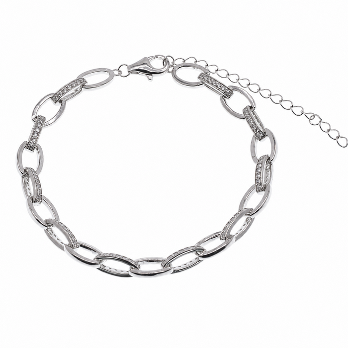 Rhodium Plated 925 Sterling Silver Interlocking Oval CZ Bracelet - STB00586