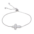 Rhodium Plated 925 Sterling Silver Lariat Side Way Mother of Pearl Cross CZ Bracelet - STB00575 | Silver Palace Inc.