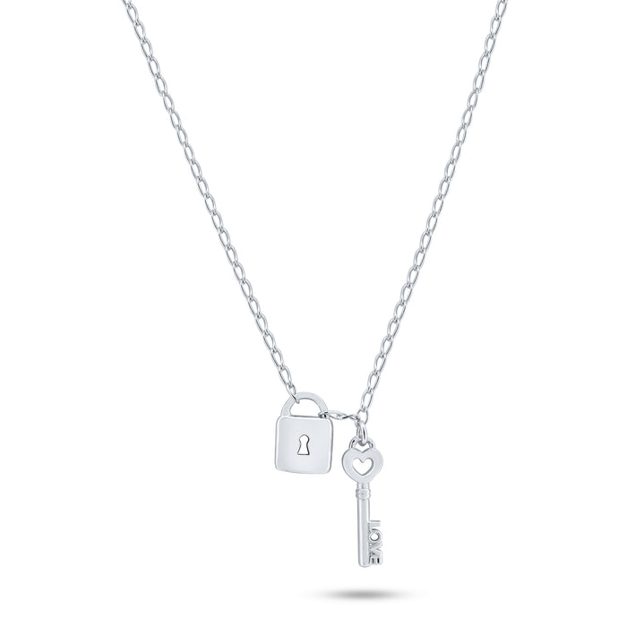Rhodium Plated 925 Sterling Silver Love Key and Lock Necklace - ECN00070RH