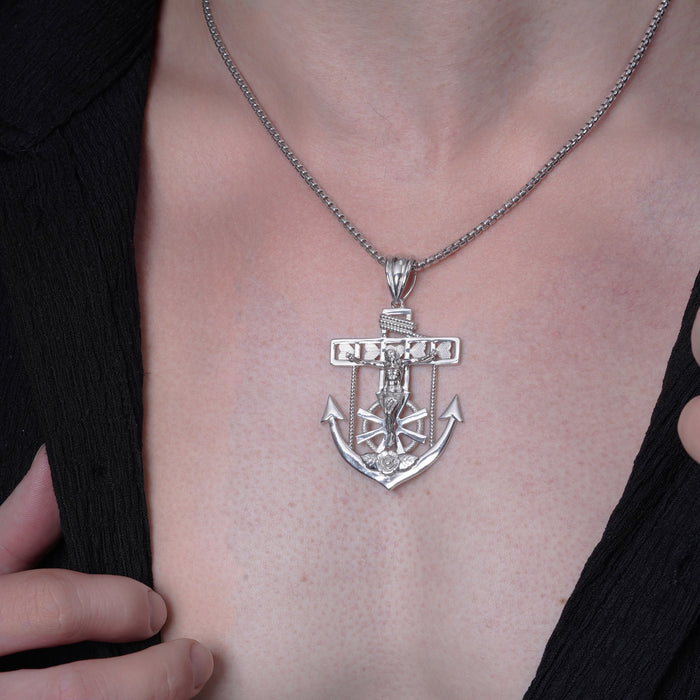 Rhodium Plated 925 Sterling Silver Mariner Anchor Cross 40.1mm x 51.7mm Pendant - GMP00178