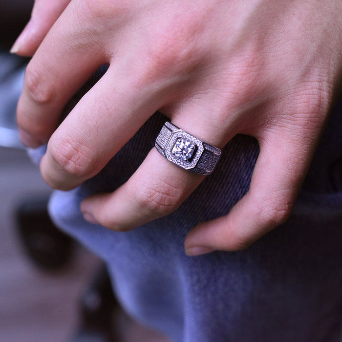Rhodium Plated 925 Sterling Silver Men's 1 Carat Moissanite Stones Encrusted Statement Ring - MBGR00010