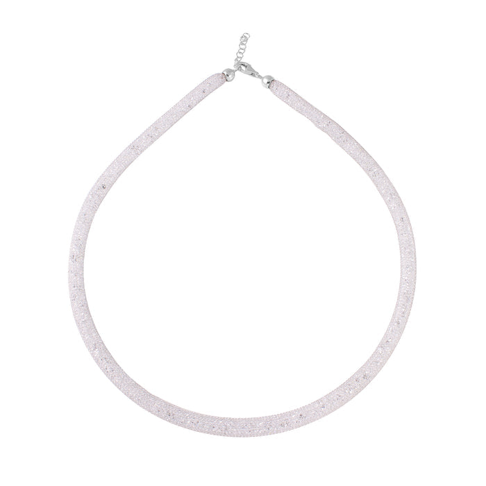 Rhodium Plated 925 Sterling Silver Mesh Inlay Swarovski Crystals Necklace - ECN00014RH