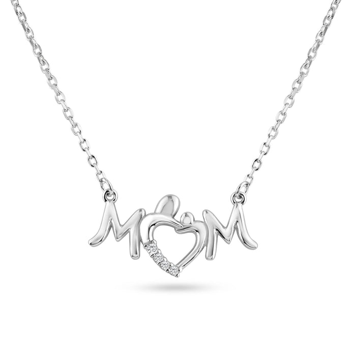 Rhodium Plated 925 Sterling Silver Mom Heart Clear CZ Pendant Necklace - BGP01460 | Silver Palace Inc.