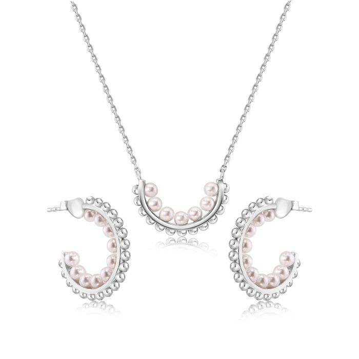 Rhodium Plated 925 Sterling Silver Multi Beaded Pearl Semi Hoop Matching Set  - BGS00625