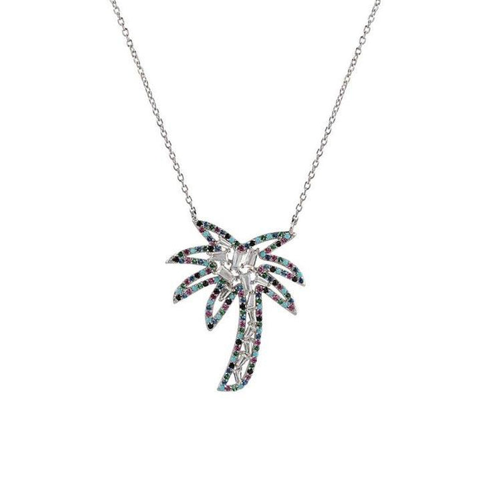 Silver 925 Rhodium Plated Multi Color CZ Palm Tree Necklace - STP01655 | Silver Palace Inc.