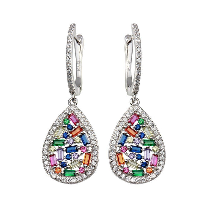 Rhodium Plated 925 Sterling Silver Multi Color Teardrop CZ Dangling Earrings - BGE00651 | Silver Palace Inc.
