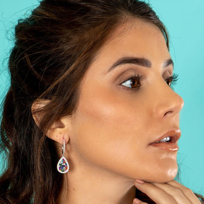 Rhodium Plated 925 Sterling Silver Multi Color Teardrop CZ Dangling Earrings - BGE00651 | Silver Palace Inc.