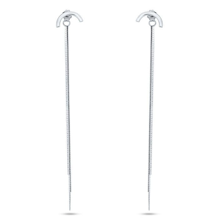 Rhodium Plated 925 Sterling Silver Multi Herringbone Dangling Crescent Stud Earrings - ECE00066RH