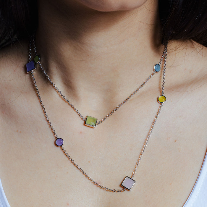 Rhodium Plated 925 Sterling Silver Multiple Color Stone Chain Necklace 36 inch - BGP00925