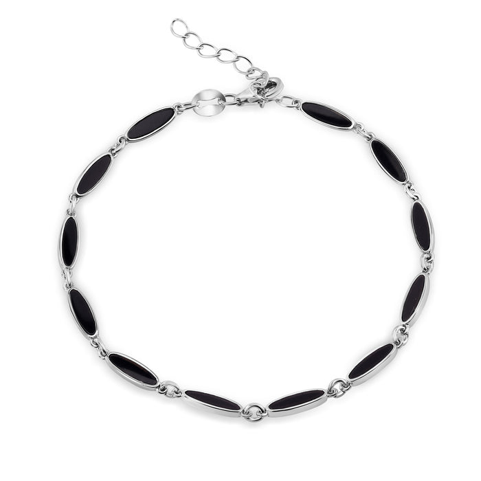 Rhodium Plated 925 Sterling Silver Onyx Cats Eye Link Bracelet - BGB00389