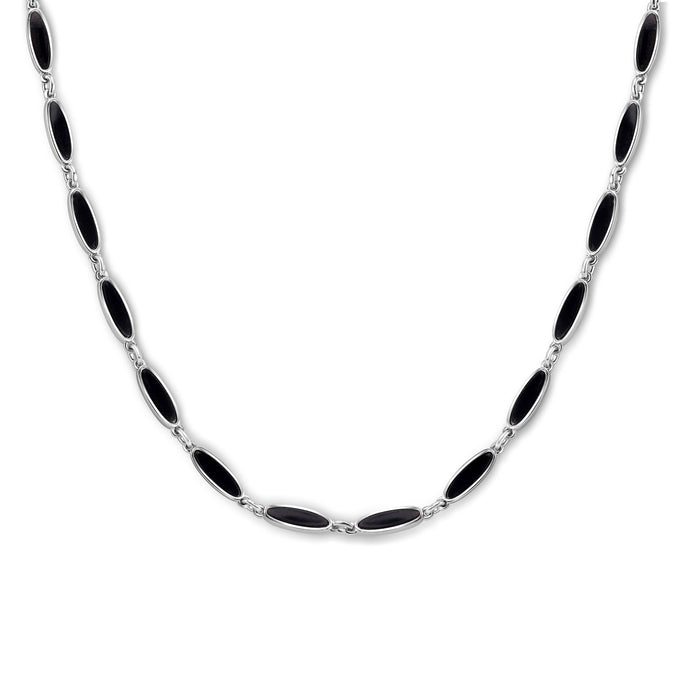 Rhodium Plated 925 Sterling Silver Onyx Cats Eye Link Necklace - BGP01484
