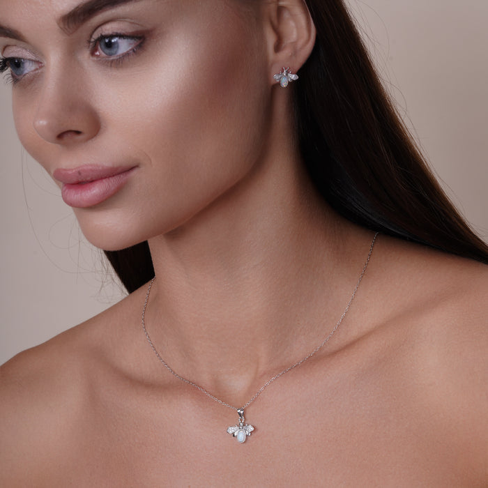 Rhodium Plated 925 Sterling Silver Opal and Clear Bumblebee Earring and Pendant Set - BGS00617