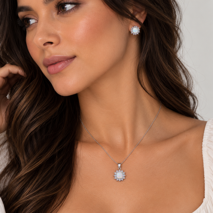 Rhodium Plated 925 Sterling Silver Opal Sun CZ Stud Earring and Necklace Set - STS00488