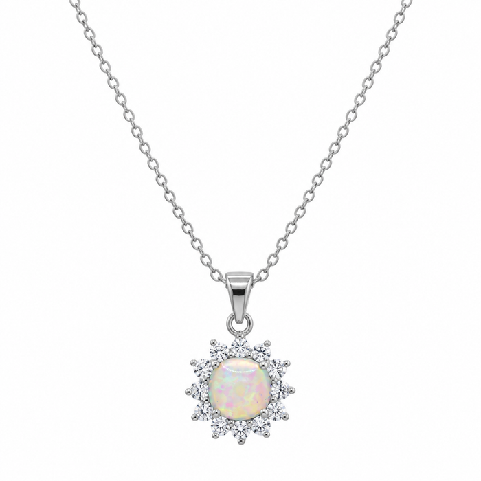 Rhodium Plated 925 Sterling Silver Opal Sun CZ Stud Earring and Necklace Set - STS00488