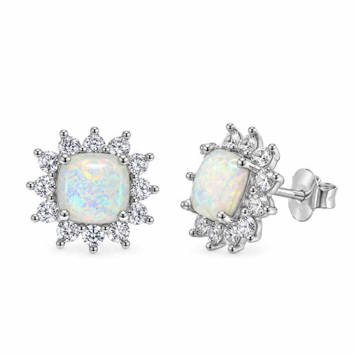 Rhodium Plated 925 Sterling Silver Opal Sun CZ Stud Earring and Necklace Set - STS00488