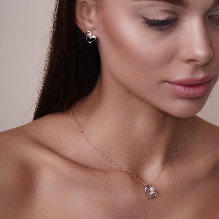Rhodium Plated 925 Sterling Silver Open Heart Pearl Earring and Pendant Set - BGS00614