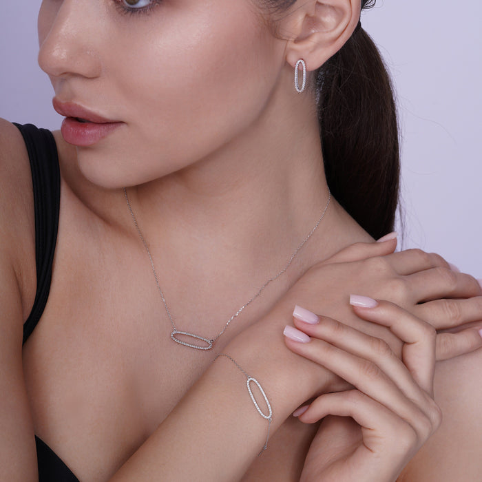 Rhodium Plated 925 Sterling Silver Open Oval CZ Set - BGS00600 | Silver Palace Inc.
