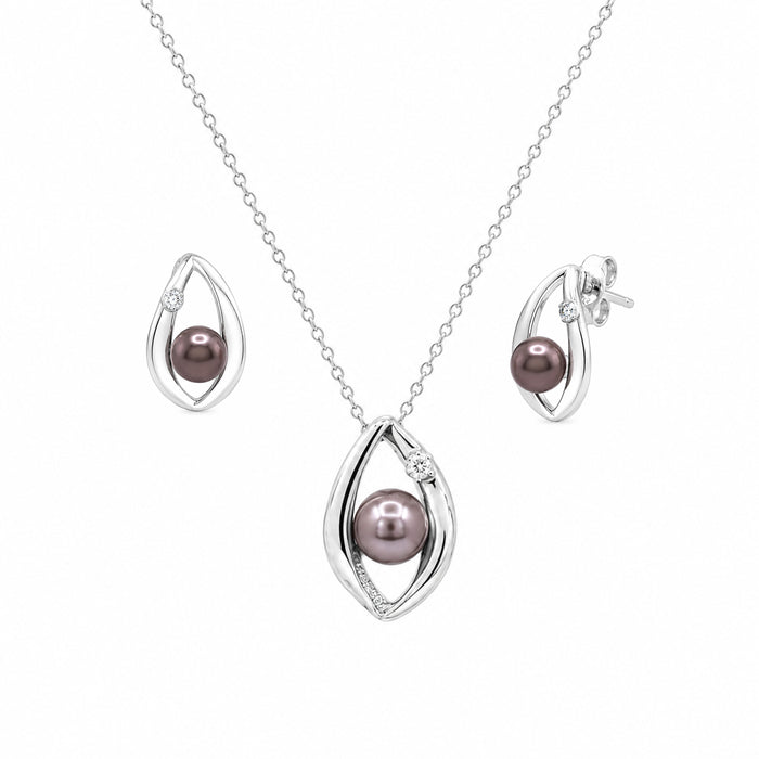 Silver 925 Rhodium Plated Open Teardrop Center Black Pearl Stud Set - STS00446BLK | Silver Palace Inc.