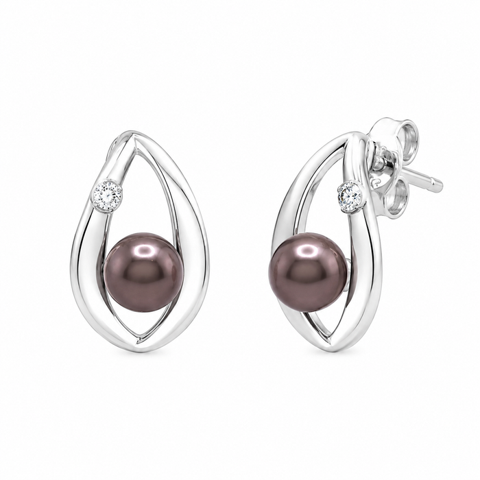 Silver 925 Rhodium Plated Open Teardrop Center Black Pearl Stud Set - STS00446BLK | Silver Palace Inc.