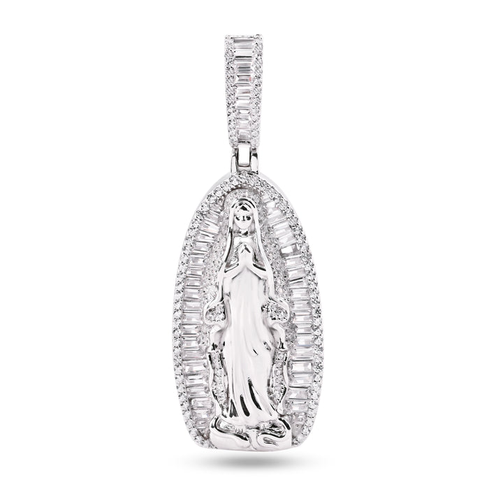 Rhodium Plated 925 Sterling Silver Our Lady Of Guadalupe Baguette Clear CZ 40mm Pendant - SLP00385