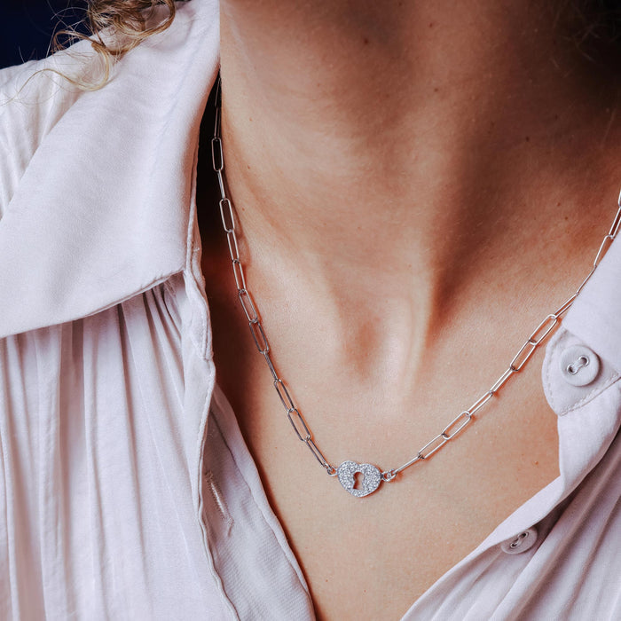 Rhodium Plated 925 Sterling Silver Paperclip Adjustable Clear CZ Heart Lock Necklace - ITN00163-RH