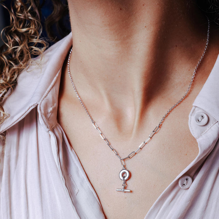 Rhodium Plated 925 Sterling Silver Paperclip Rolo Adjustable Donut and Bar Necklace - ITN00162-RH