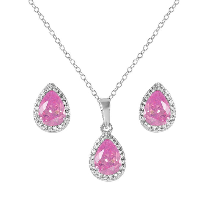 Silver 925 Rhodium Plated Pear Birthstone Set - BGS00441 | Silver Palace Inc. #Birthstone_October - Pink Tourmaline
