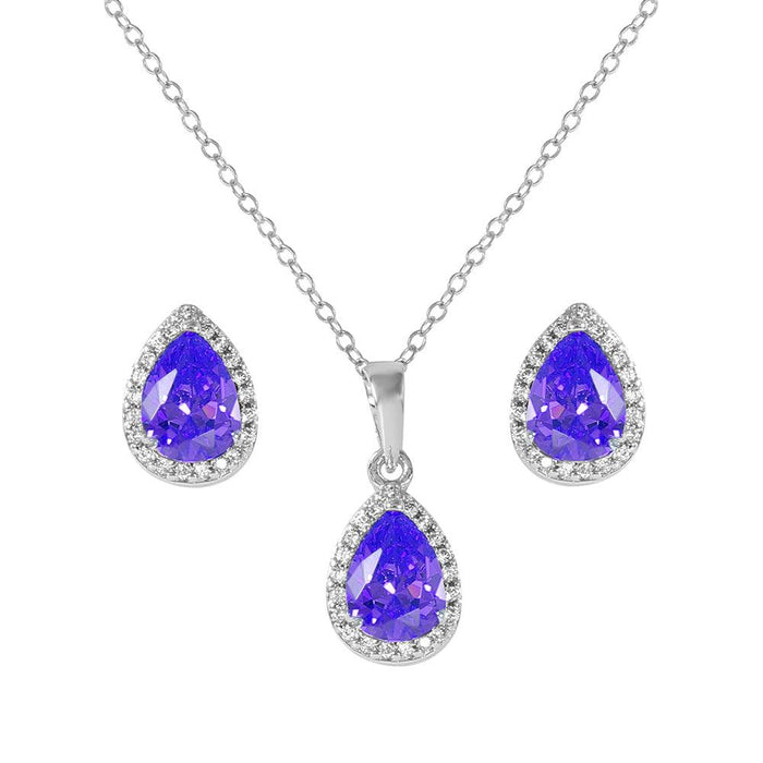 Silver 925 Rhodium Plated Pear Birthstone Set - BGS00441 | Silver Palace Inc. #Birthstone_February - Amethyst