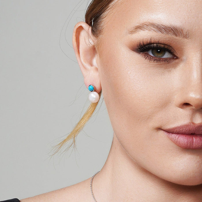 Rhodium Plated 925 Sterling Silver Pearl and Turquoise CZ Earrings - BGE00689 #color_turquoise