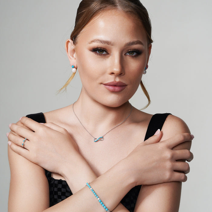 Rhodium Plated 925 Sterling Silver Pearl and Turquoise CZ Earrings - BGE00689 #color_turquoise