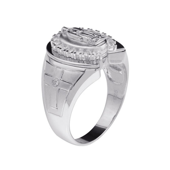 Rhodium Plated 925 Sterling Silver Rhodium Men's Moissanite or CZ Our Lady of Guadalupe Ring - MGMR00231RH | GMR00231RH