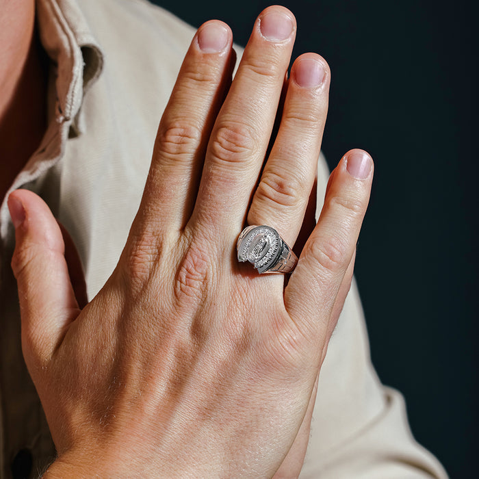 Rhodium Plated 925 Sterling Silver Rhodium Men's Moissanite or CZ Our Lady of Guadalupe Ring - MGMR00231RH | GMR00231RH