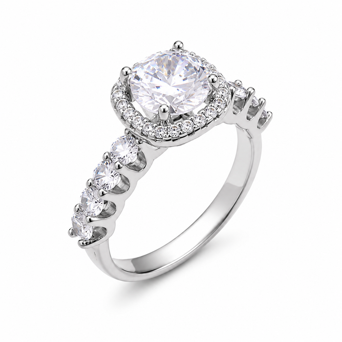 Rhodium Plated 925 Sterling Silver Round CZ Square Shape Halo Bridal Engagemant Ring - BGR01229