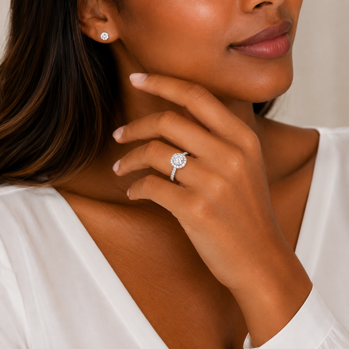 Rhodium Plated 925 Sterling Silver Round CZ Square Shape Halo Bridal Engagemant Ring - BGR01229