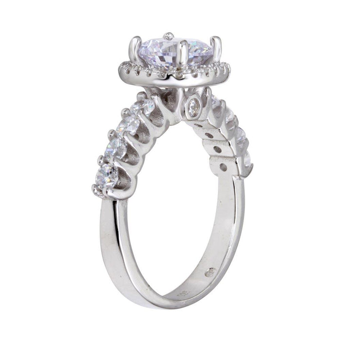Rhodium Plated 925 Sterling Silver Round CZ Square Shape Halo Bridal Engagemant Ring - BGR01229