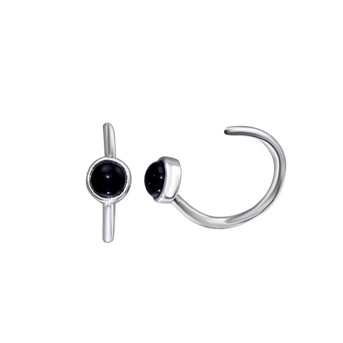 Rhodium Plated 925 Sterling Silver Round Onyx Semi-Hoop Earrings - STE01317 | Silver Palace Inc.
